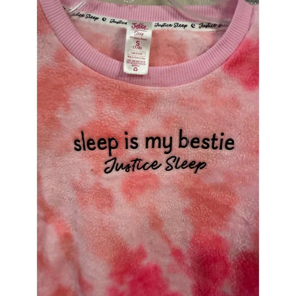 Justice Pajama Set Girls S 7/8 Pink Excellent Tie Dye Fleece Sleep Is My Bestie